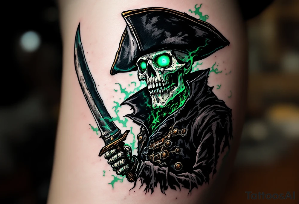 Ghost Captain’s Curse – A skeletal pirate captain with a tattered black tricorn hat and a rotting navy coat, gripping a rusty cutlass. His hollow eye sockets glow with an eerie mist, and a ghostly green aura swirls around him. tattoo idea