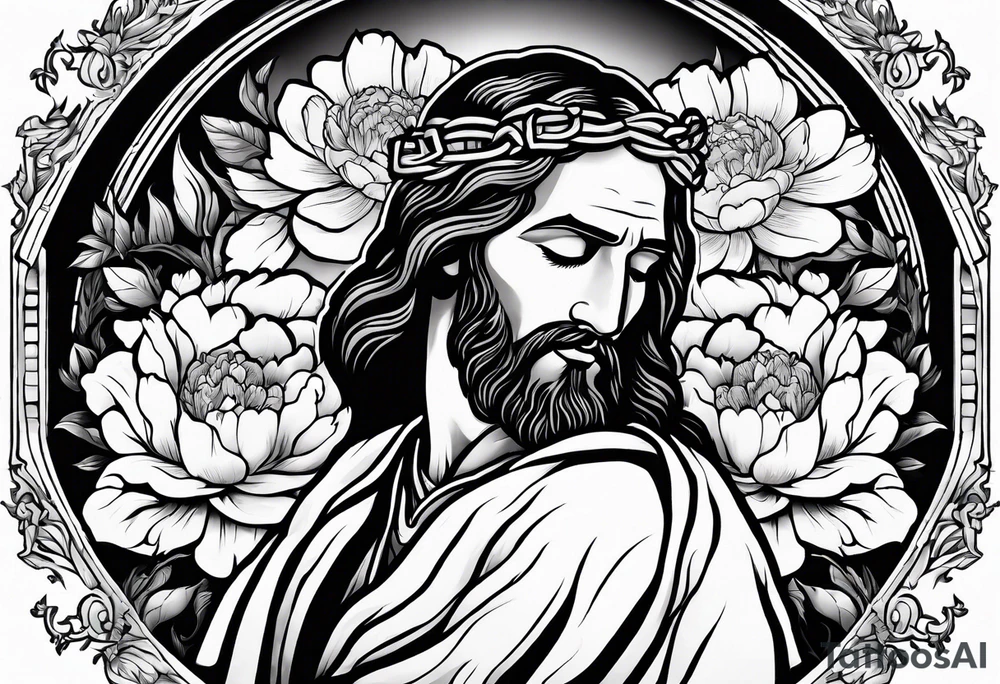 Jesus Christ praying in a peony garden and healed a blind man tattoo idea