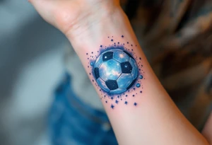 A blue and white galaxy-themed soccer ball orbiting small stars and planets. tattoo idea