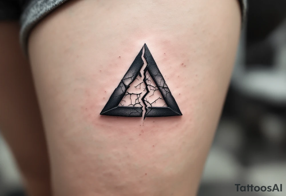 A broken triangle in gray ink with cracked textures, representing resilience and healing. tattoo idea
