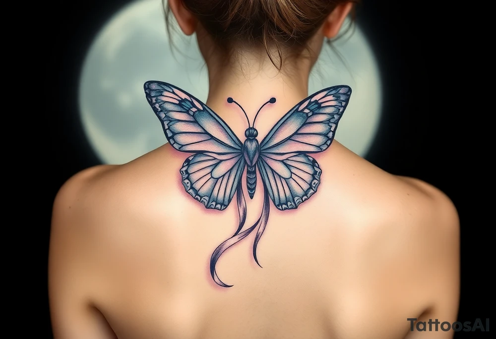 ethereal butterfly with flowing silk ribbons in moonlight tattoo idea