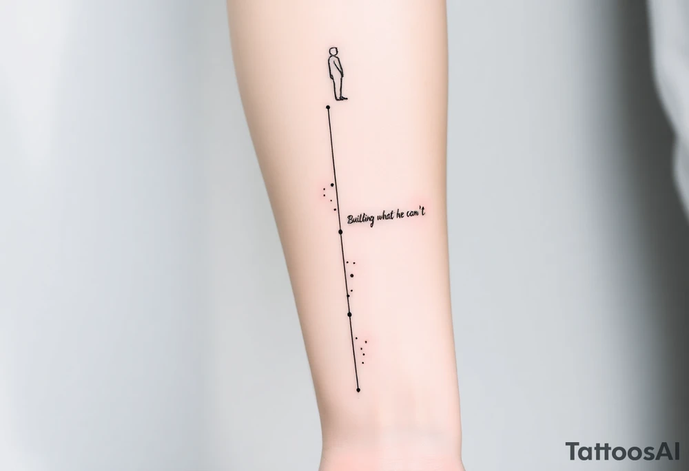Minimalist black-ink forearm tattoo representing father and son, legacy, and continuation of unfinished dreams. Central design: a single, flowing vertical line or abstract path starting fragmented at the bottom (symbolizing the father’s unfinished work) and gradually becoming solid and strong as it rises (symbolizing the son carrying the legacy forward). Along the path, include fine, particle-like dots or subtle flowing lines that represent the father’s guidance and energy cheering the son on. Above the path, subtly integrate an abstract, ethereal outline of the father watching proudly, made with minimal fine lines, fading into the composition without overpowering the main flow. Hidden within or alongside the line, include the phrase “Building what he couldn’t” in elegant, small script. Style: clean minimalistic black ink only, fine-line geometric abstraction with flowing composition, organic motion of particles, strong symbolism of legacy, guidance, and transcendence, forearm-optimized vertical layout, visually balanced and readable at arm scale. tattoo idea