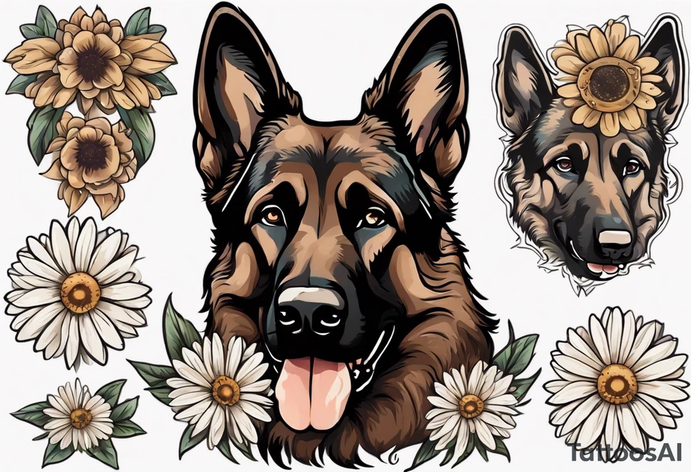 Dark Brown German shepherd portrait surrounded by  daisies tattoo idea