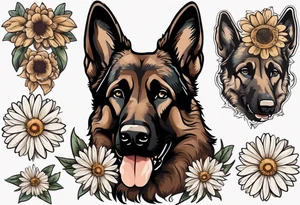 Dark Brown German shepherd portrait surrounded by  daisies tattoo idea