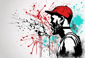 BANKSY ART STYLE,  cyan and red, acquarel, abstract, damage done, Darwin, abstract, tattoo idea