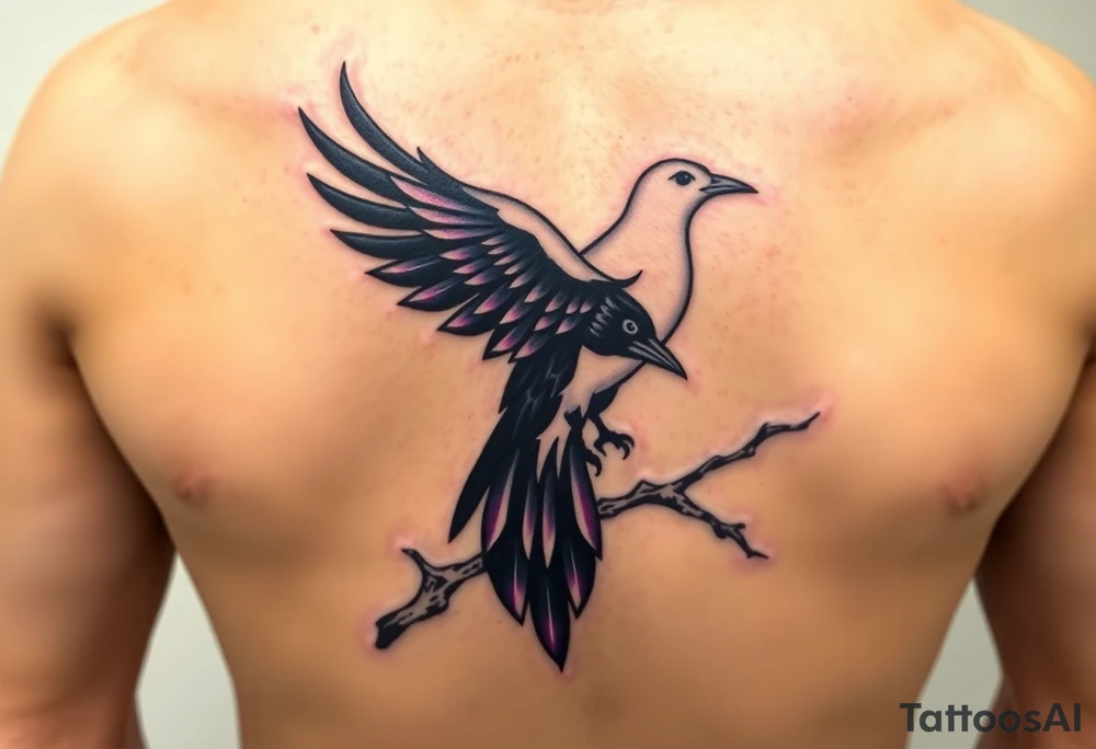 A pure white dove, soaring with soft golden light in its wings, is sharply contrasted with a black raven, its feathers shimmering in deep purples and blacks, perched ominously on a gnarled branch, symbolizing the tension between peace and darkness. tattoo idea