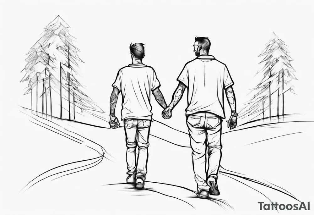 father and son walk away holding hands, one line tattoo idea