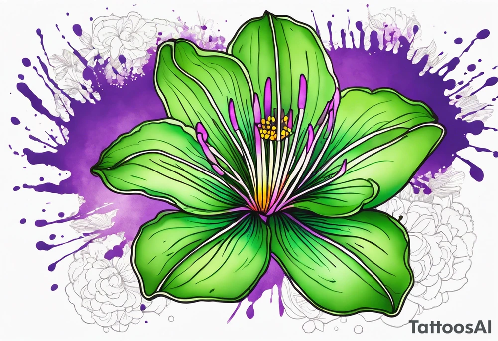 An outline of a green rio dipladenia flower and a purple watercolor splash in the background tattoo idea