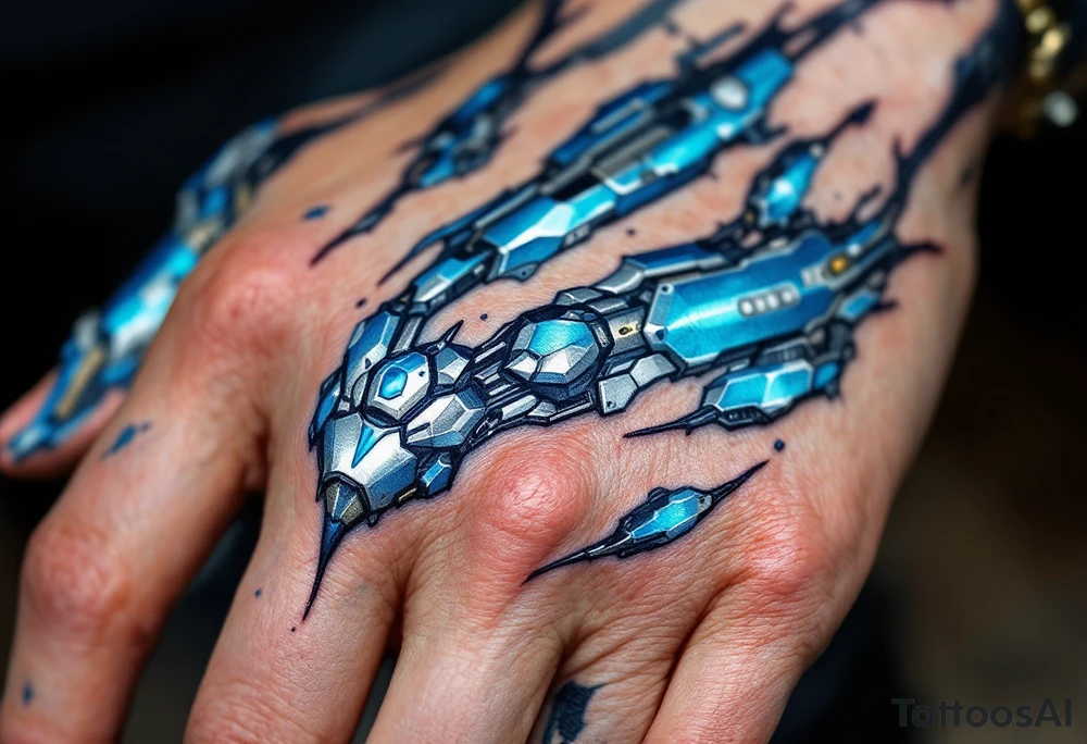A blue and silver exoskeletal structure integrated with the hand’s contours, mimicking robotic dexterity. tattoo idea