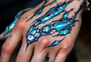 A blue and silver exoskeletal structure integrated with the hand’s contours, mimicking robotic dexterity. tattoo idea