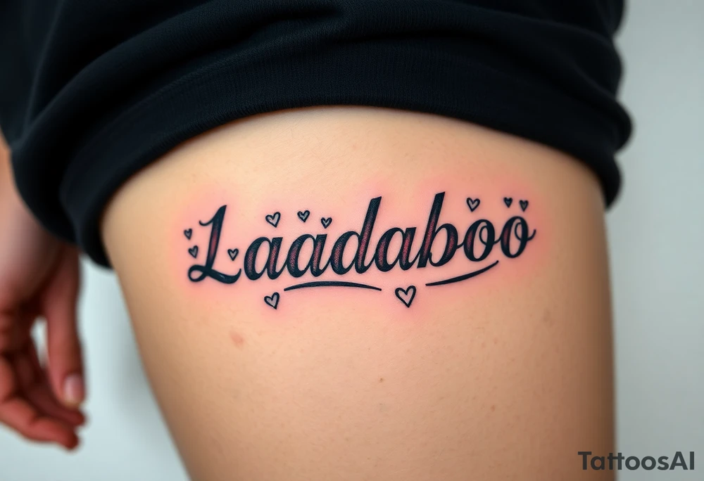 The name Ladaboo with stars and hearts around the name tattoo idea