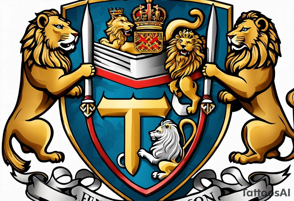 Swanson family coat of arms on a shield being held up by two lions, there are crossed skis behind the shield tattoo idea