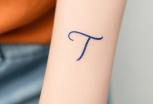 A handwritten "T" in indigo ink, underlined with a delicate wave. tattoo idea