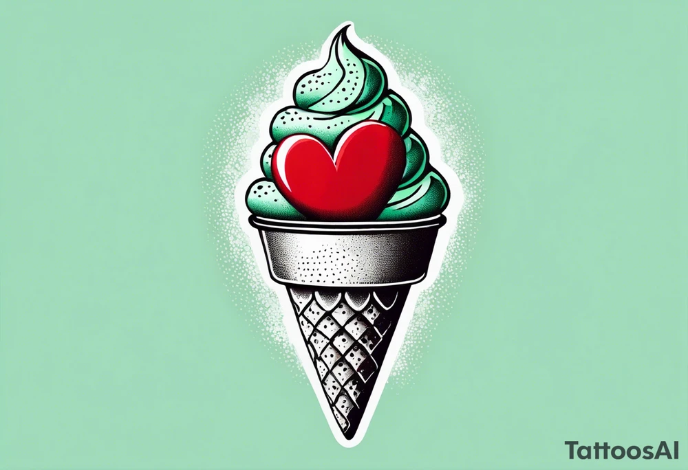 mint chocolate chip ice cream cone with small red heart on it somewhere. tattoo idea