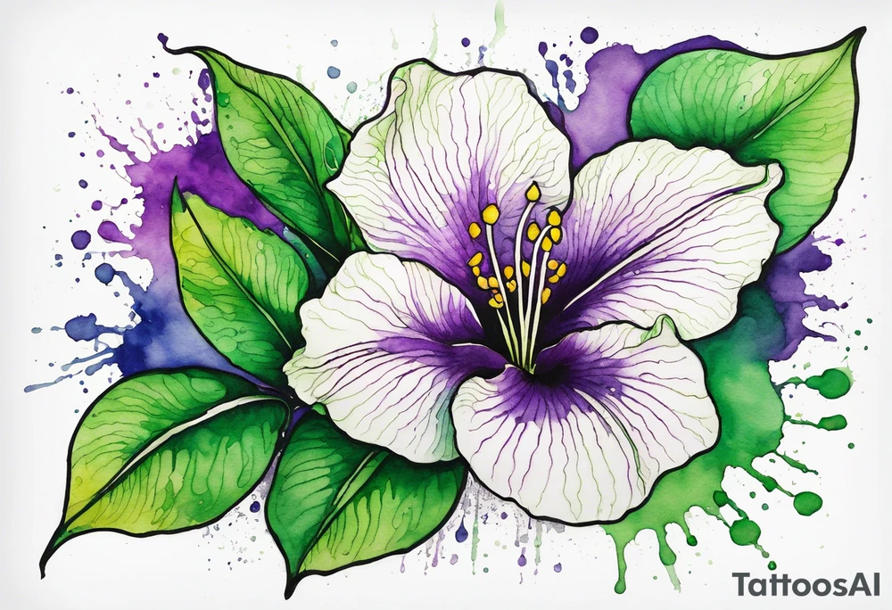 An outline of a green rio dipladenia flower and a green and purple watercolor splash in the background tattoo idea