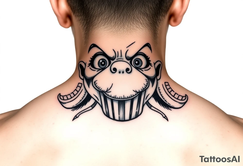 powerful faces with huge eyes and mouth with foamy mouth with a garbage pail kids body tattoo idea