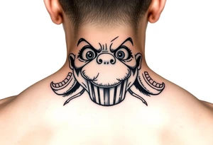 powerful faces with huge eyes and mouth with foamy mouth with a garbage pail kids body tattoo idea