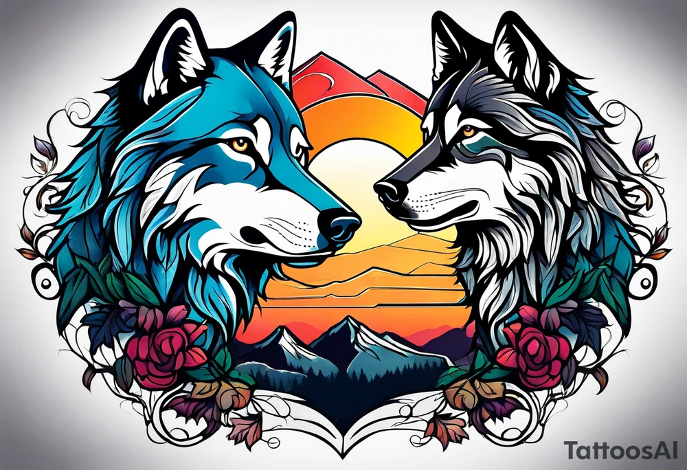 Wolves spouses
Dark woods
Mountains
Sunset tattoo idea