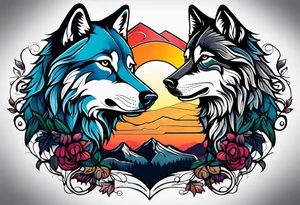 Wolves spouses
Dark woods
Mountains
Sunset tattoo idea