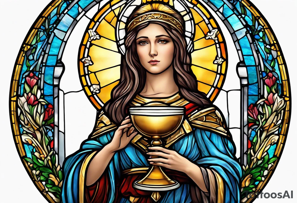 holy saint woman with halo stained glass holding a chalice with artillery tattoo idea