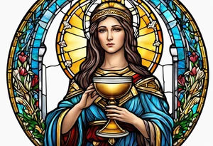 holy saint woman with halo stained glass holding a chalice with artillery tattoo idea