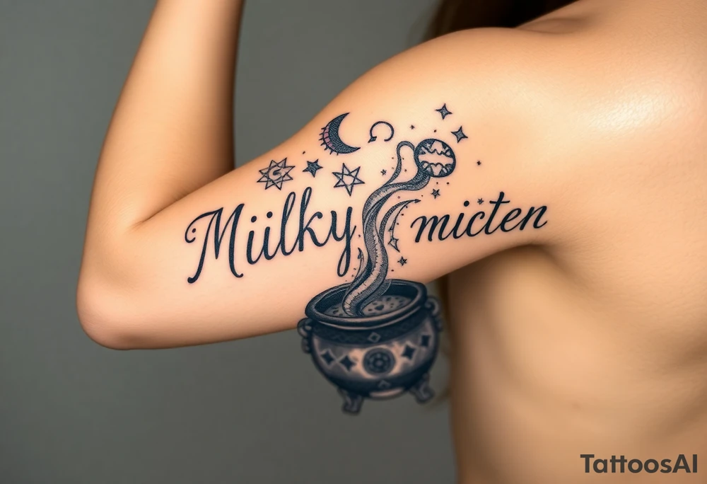 Milky way filled with zodiac symbols runes tarot cards coming out of a cauldron tattoo idea