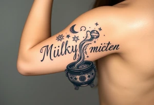 Milky way filled with zodiac symbols runes tarot cards coming out of a cauldron tattoo idea