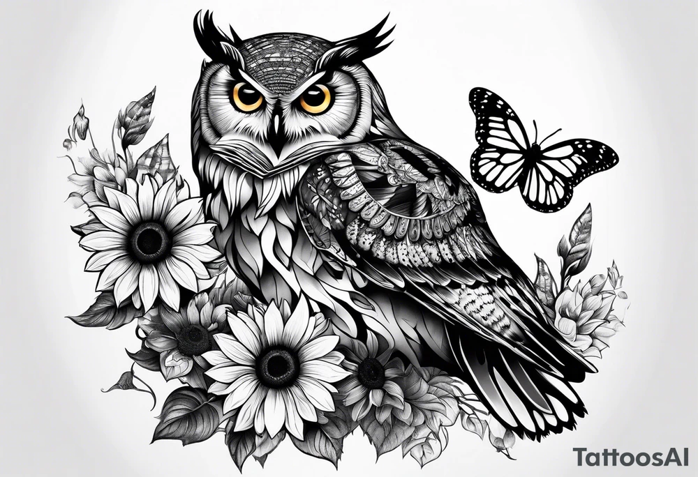 Owl, sunflower with a butterfly tattoo idea