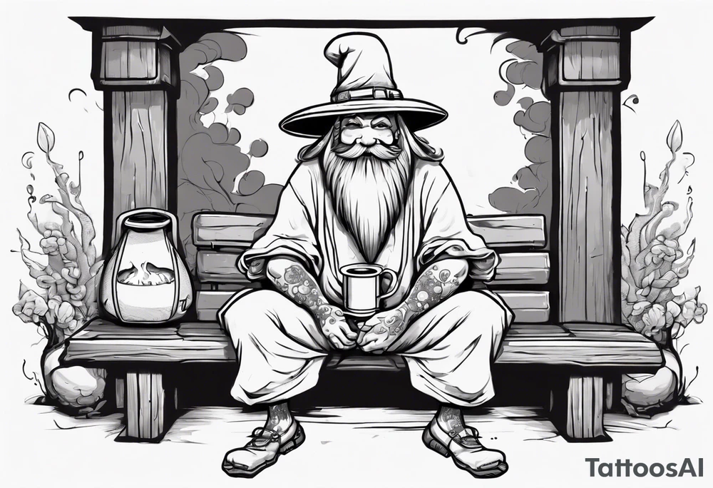mushroom person with a long grey beard wearing a tunic and a floppy hat sitting on a bench by a fireplace drinking from a wood cup, smiling tattoo idea