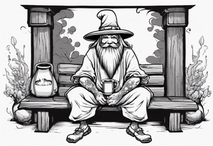 mushroom person with a long grey beard wearing a tunic and a floppy hat sitting on a bench by a fireplace drinking from a wood cup, smiling tattoo idea