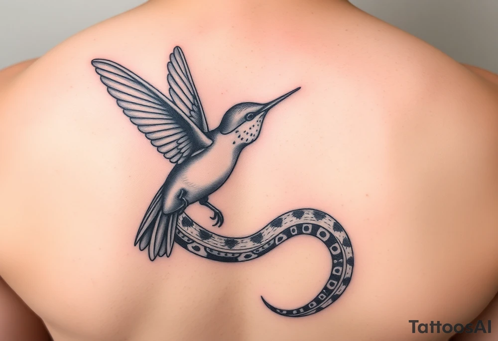 Humming bird looking down at snake. snake tail wrapped around humming bird. snake hissing at humming bird tattoo idea