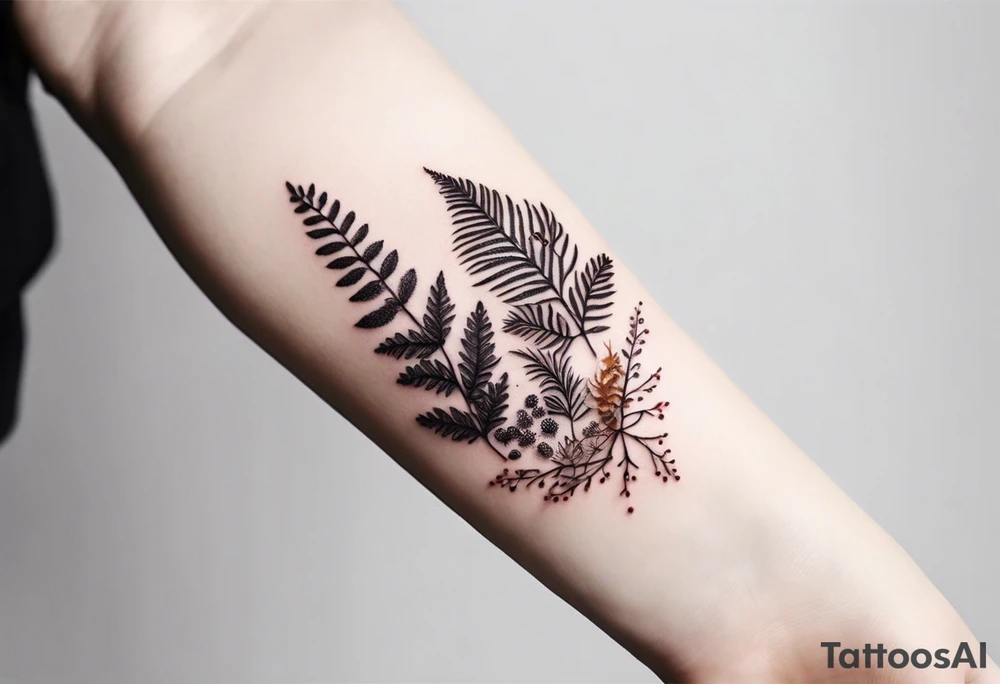 minimalistic forest floor inspired tattoo, which includes grass, moss, curly ferns and dead leaves as the bulk of the tattoo. details to include: forest berries, couple of very small brown mushrooms, a tiny bumblebee flying nearby tattoo idea