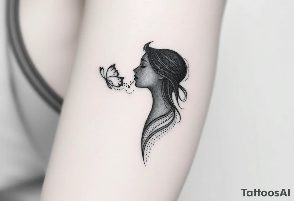 Black and gray tattoo design in fine line and soft shading style, depicting an abstract female silhouette in profile, elegant and poetic. From her chest, fluid and smoke-like shapes flow outward, symbolizing emotional healing, self-acceptance, and breathing oneself back to life. The design should feel ethereal and dreamlike, with delicate dots, subtle gradients, and graceful movement. No flowers, no butterflies, no geometric patterns. The composition should be around 7–8 cm in proportion, suitable for an arm placement, with a clean and feminine aesthetic but full of emotion and symbolism. tattoo idea