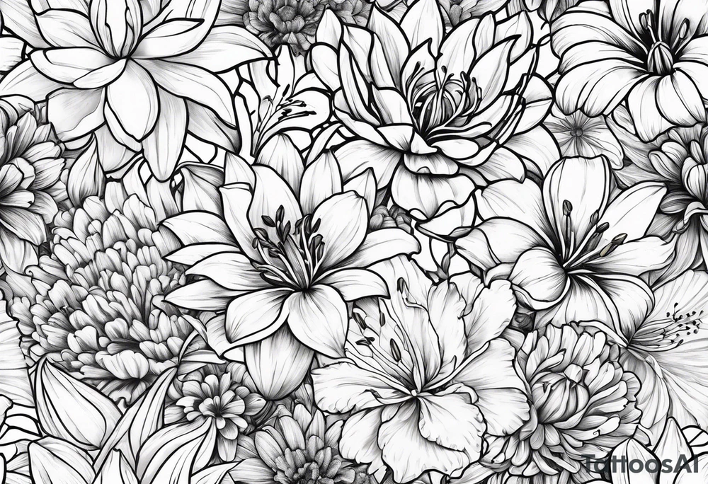 lily, marigold, tulip, cosmo, and aster tattoo idea