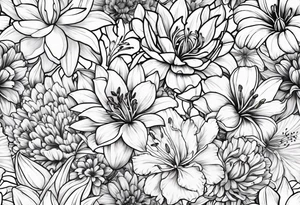 lily, marigold, tulip, cosmo, and aster tattoo idea