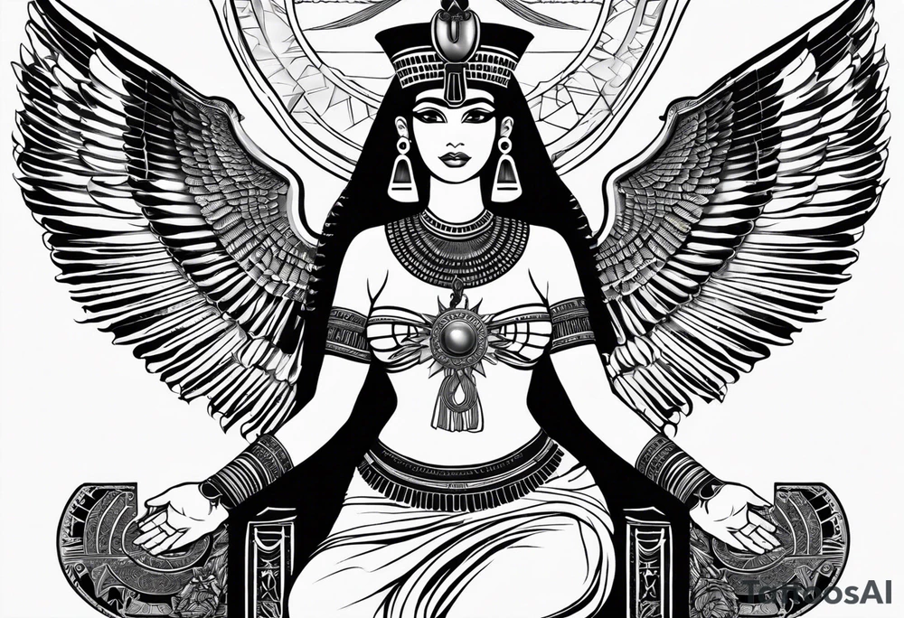 black and white Egyptian goddess Isis, who is often depicted as a woman with outstretched wings, holding an ankh (a symbol of life) in one hand and a lotus flower in the other. Her headdress often includes a throne or a solar disk. The tattoo design can vary in style and size, but it typically aims to capture the essence of this revered Egyptian deity, emphasizing her beauty, power, and maternal qualities. The choice of colors and additional elements can also be customized to create a unique and visually striking representation of the goddess Isis tattoo idea