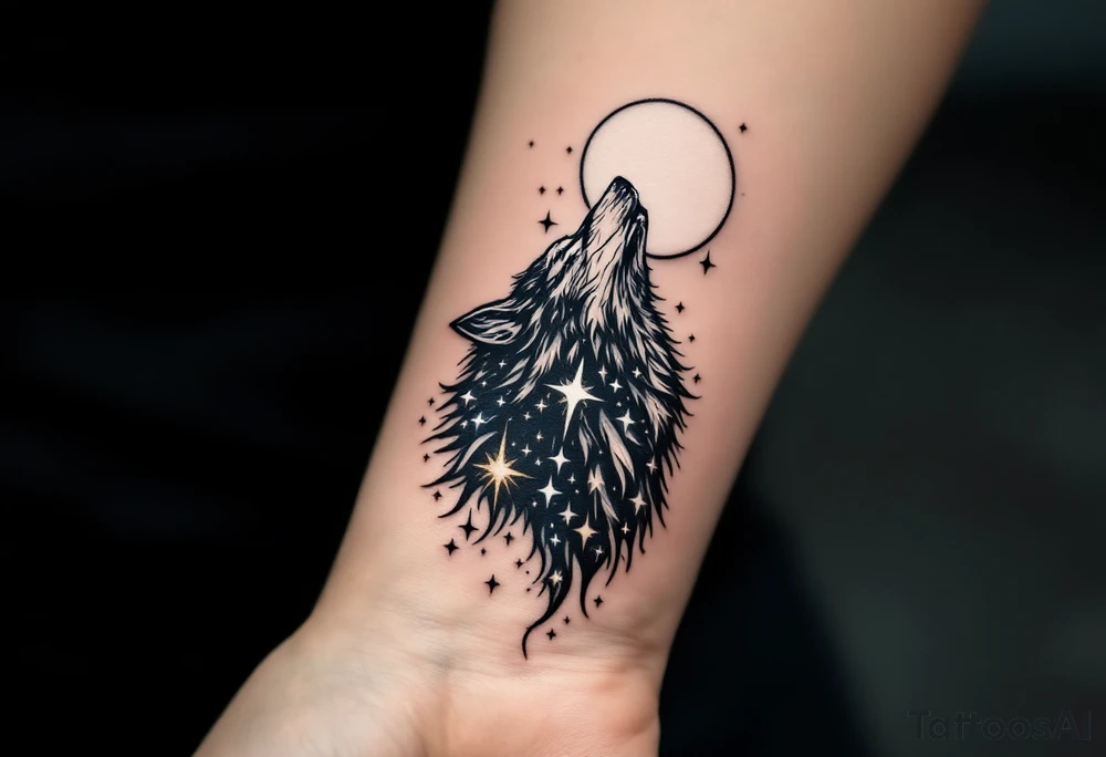 Celestial wolf with star-filled fur, howling at a bright white moon, tattooed in black, navy, and silver accents. tattoo idea
