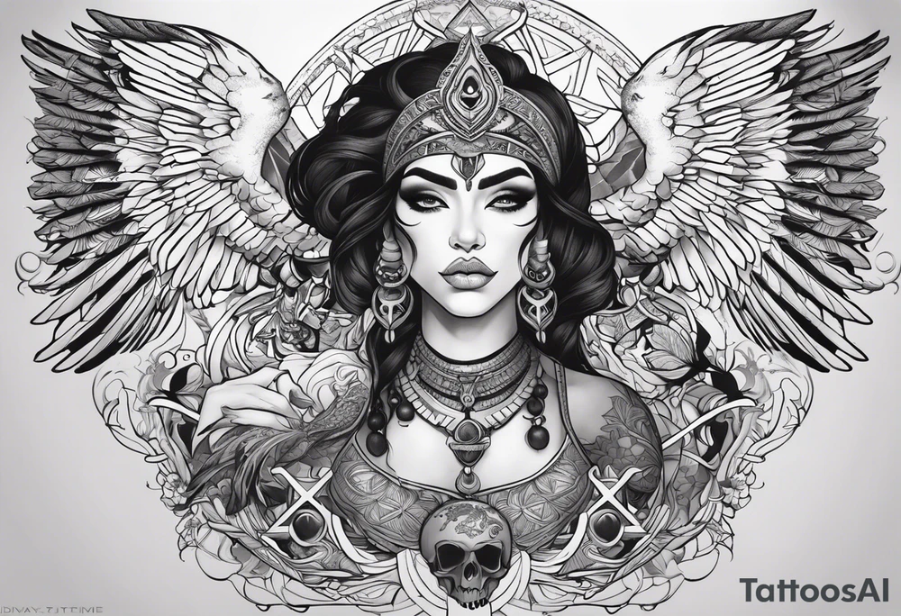 kali ma, alien goddess, valkrye, aries, pirate, divine feminine, zenza resonance, pachamama, lotus azul, blank panther, eagle, skull, 5D, nueva gaya, dna 12, left side chest tatoo tattoo idea
