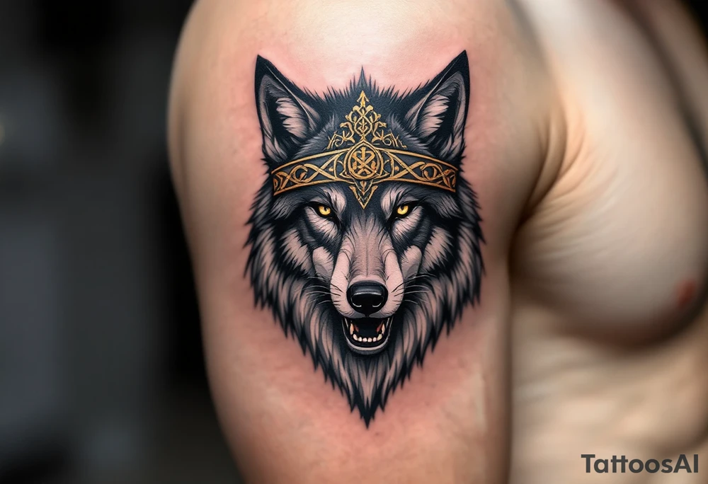 Alpha Wolf with Celtic Crown – A proud black-and-silver wolf wearing a crown made of Celtic knots and deep gold accents. tattoo idea