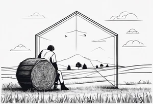 Design a tattoo featuring a hexagon framed by a bold black line. Inside the hexagon, illustrate a boy sitting on a bale of hay in a field, gazing into the distance. tattoo idea
