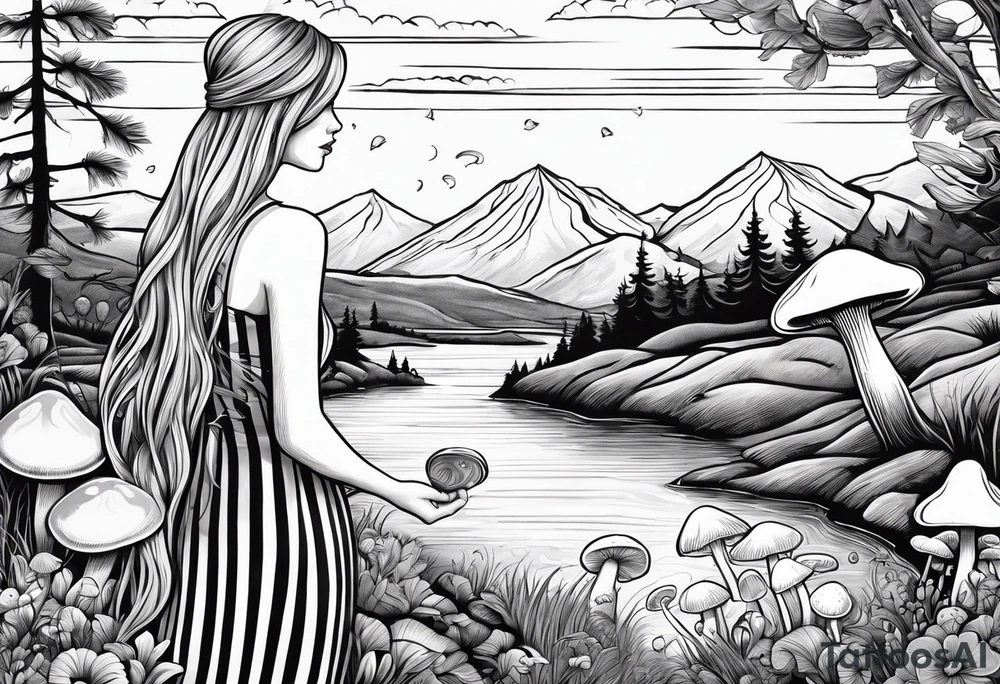 Straight long blonde hair girl standing in right corner in distance holding mushrooms in hand facing away toward mountains and creek surrounded by mushrooms black and white striped dress tattoo idea