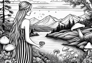 Straight long blonde hair girl standing in right corner in distance holding mushrooms in hand facing away toward mountains and creek surrounded by mushrooms black and white striped dress tattoo idea