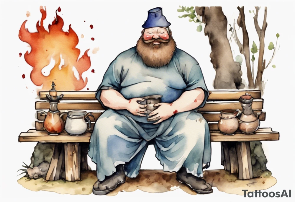 fat man with a full beard but no eyes wearing a mushroom hat and medieval tunic sitting on a bench by a fireplace drinking from a wood cup, laughing tattoo idea