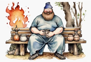 fat man with a full beard but no eyes wearing a mushroom hat and medieval tunic sitting on a bench by a fireplace drinking from a wood cup, laughing tattoo idea