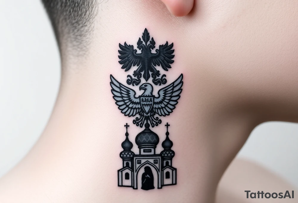 Stacked Vertical Column 

Russian star — bold
Middle: double-headed eagle — simplified, cleaner lines to suit the smaller space
Bottom: Orthodox church dome(s) & a Virgin Mary silhouette beneath tattoo idea