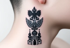 Stacked Vertical Column 

Russian star — bold
Middle: double-headed eagle — simplified, cleaner lines to suit the smaller space
Bottom: Orthodox church dome(s) & a Virgin Mary silhouette beneath tattoo idea