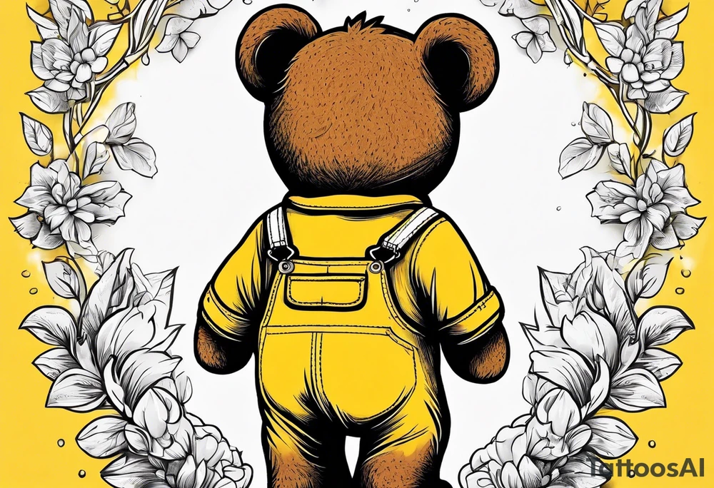 the back of a standing brown 
teddy bear in yellow overalls tattoo idea