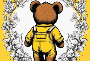 the back of a standing brown 
teddy bear in yellow overalls tattoo idea