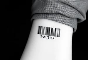 A sleek, minimalist barcode with the couple’s wedding date (22 - 12 - 2012) hidden in the numbers under barcode tattoo idea