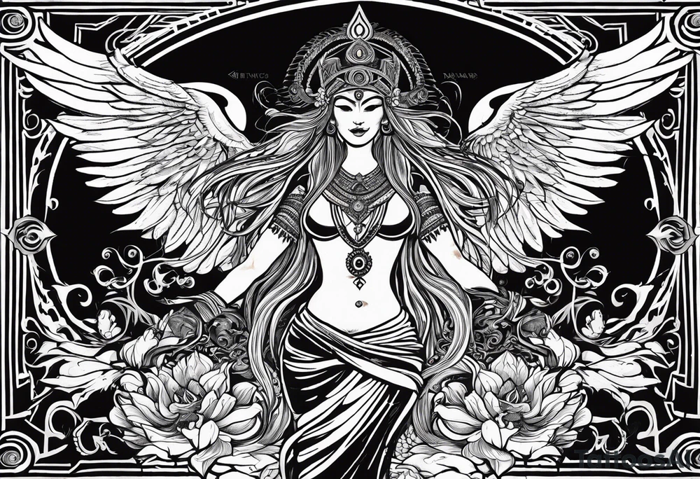 black kali, goddess pirate, alien, angel, pachamama, valkrye, warrior, flying, skull, lotus azul, wing, eagle, zenza resonance, stars, 5D, anahata chakra, death, durga, riding on a tiger, flying lady tattoo idea